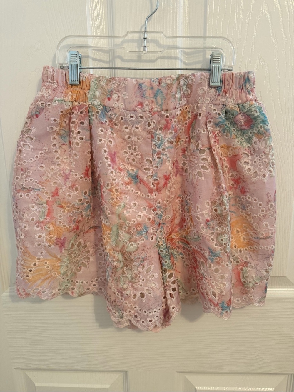 Umgee Pink Floral Eyelet Shorts with Multicolor Accents
